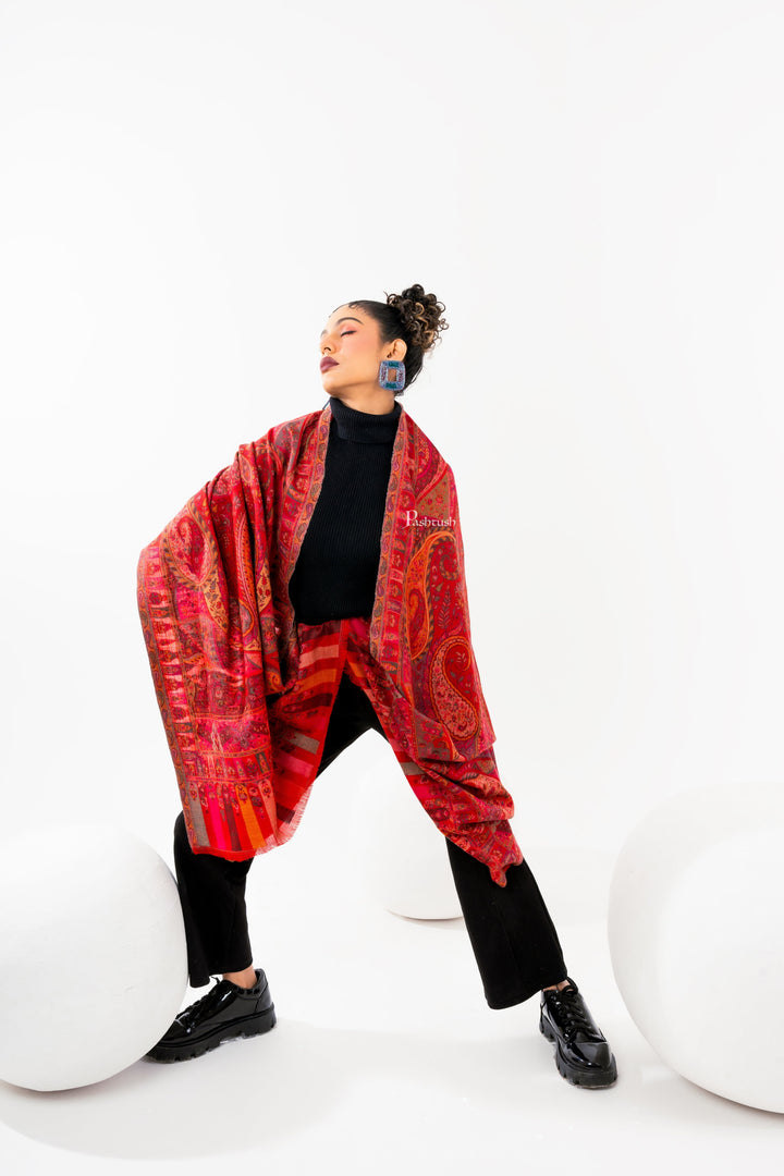 Pashtush India Womens Stoles and Scarves Scarf Pashtush Womens 100% Pure Wool With Woolmark Certificate Stole, Paisley Weave Design, Red