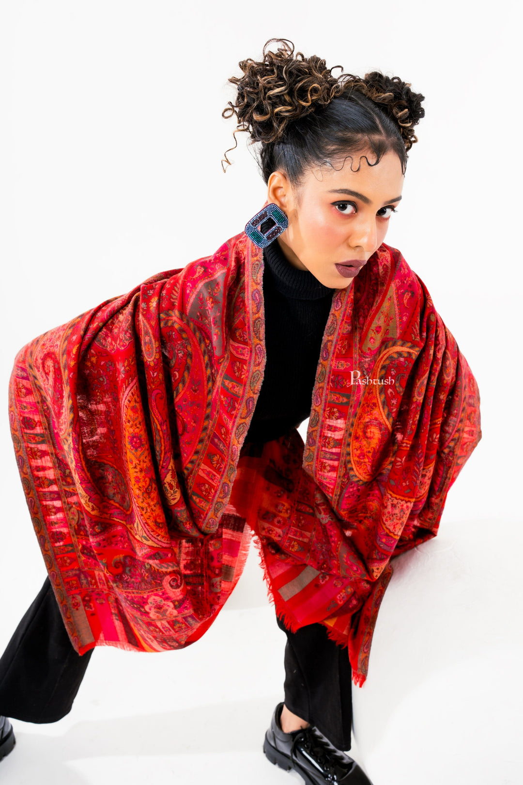 Pashtush India Womens Stoles and Scarves Scarf Pashtush Womens 100% Pure Wool With Woolmark Certificate Stole, Paisley Weave Design, Red