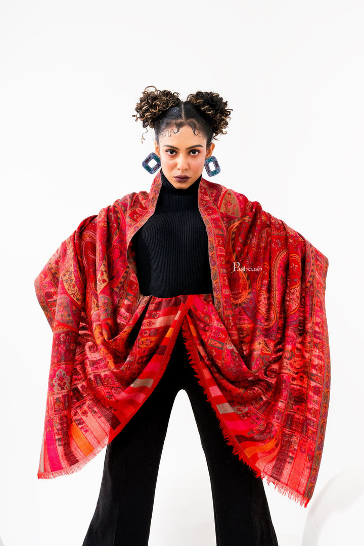 Pashtush India Womens Stoles and Scarves Scarf Pashtush Womens 100% Pure Wool With Woolmark Certificate Stole, Paisley Weave Design, Red