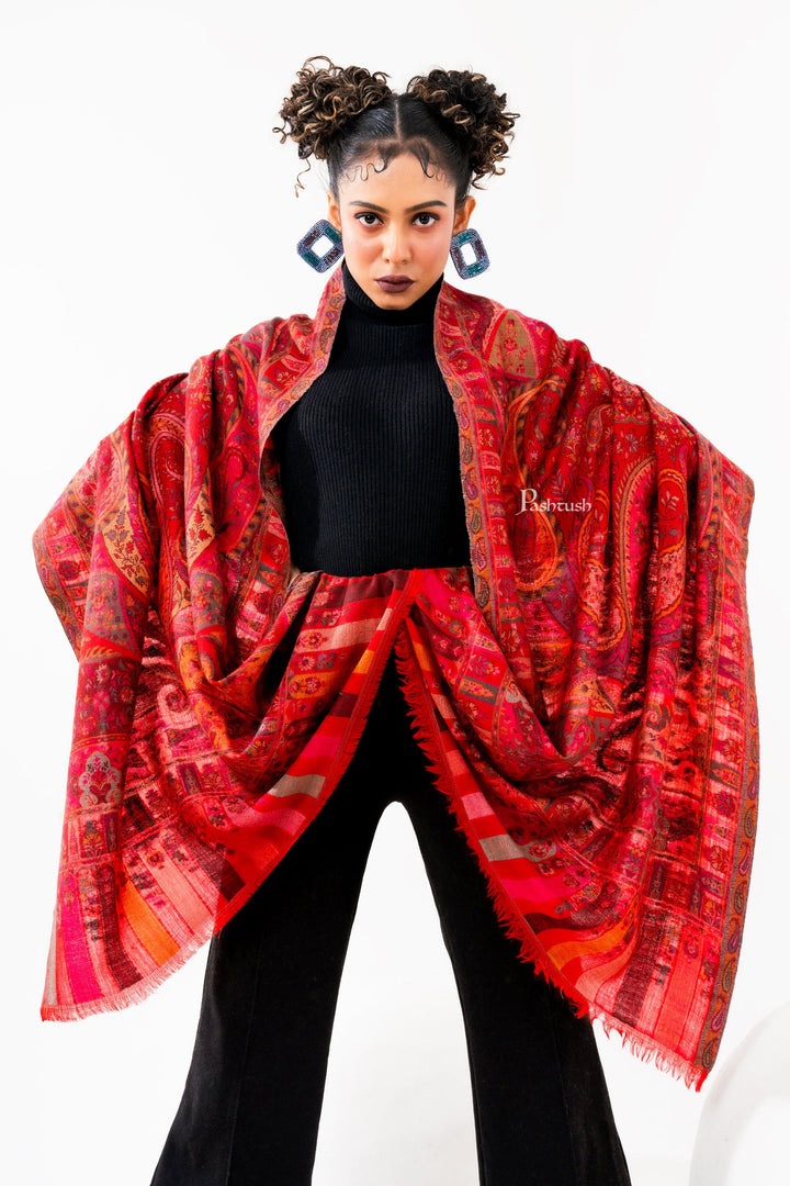 Pashtush India Womens Stoles and Scarves Scarf Pashtush Womens 100% Pure Wool With Woolmark Certificate Stole, Paisley Weave Design, Red