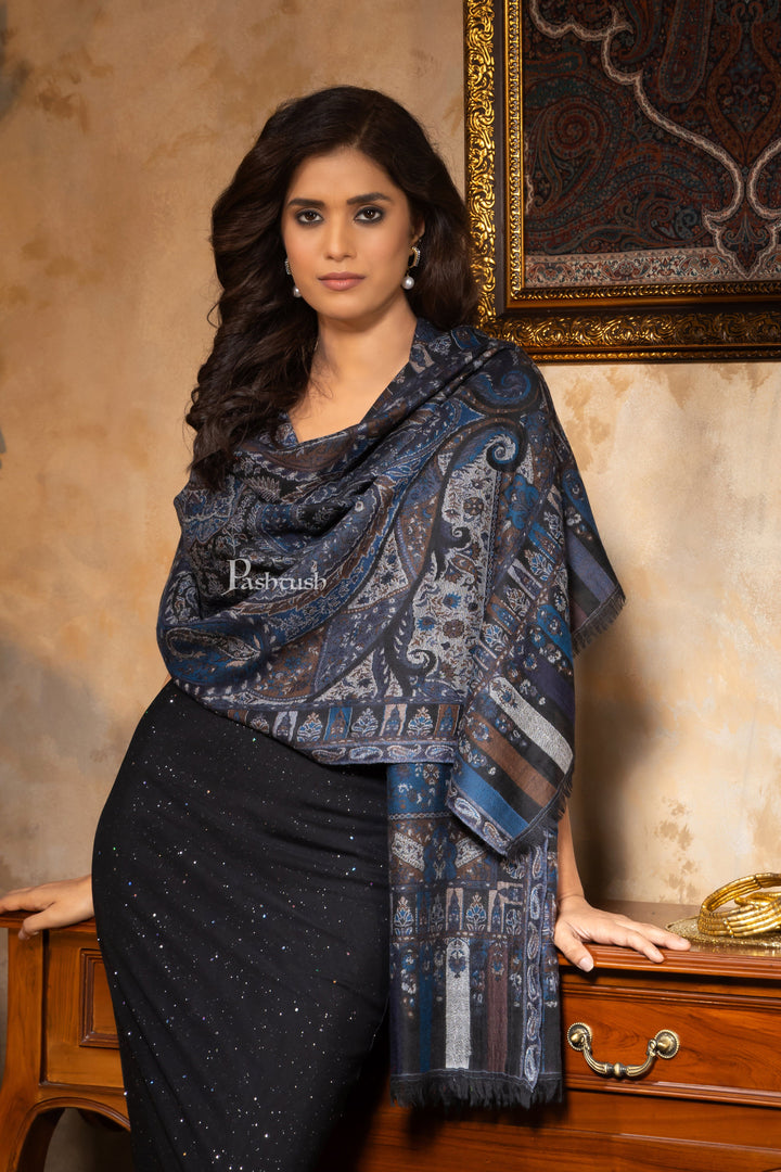 Pashtush India Womens Shawls Pashtush Womens 100% Pure Wool With Woolmark Certificate Stole, Pasiley Weave Design, Black