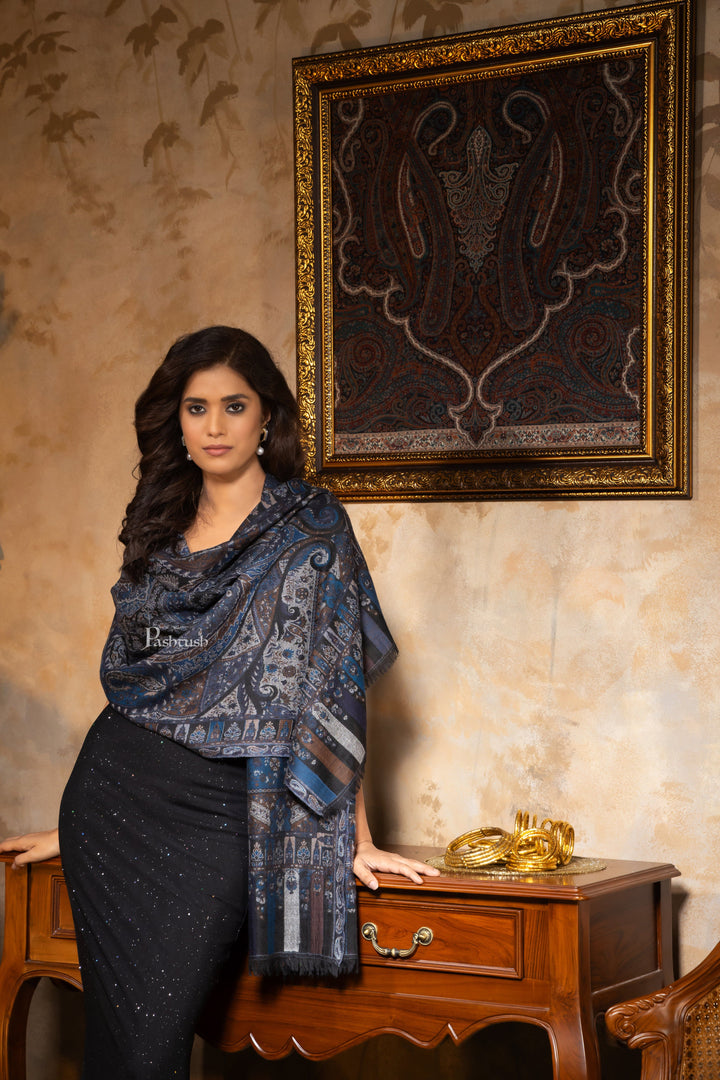 Pashtush India Womens Shawls Pashtush Womens 100% Pure Wool With Woolmark Certificate Stole, Pasiley Weave Design, Black