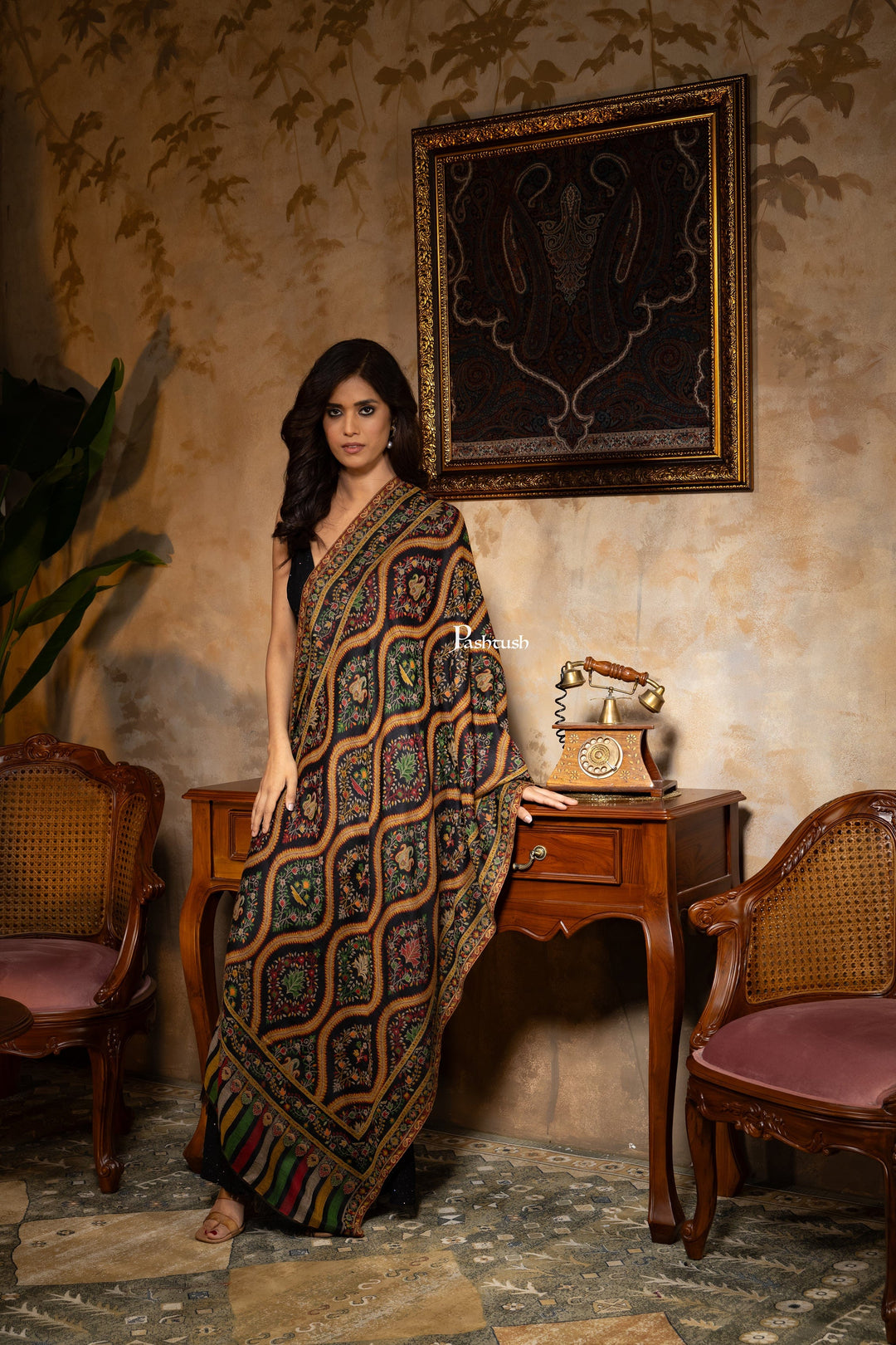 Pashtush India Womens Stoles and Scarves Scarf Pashtush Womens 100% Pure Wool With Woolmark Certificate Stole, Woven Design, Black