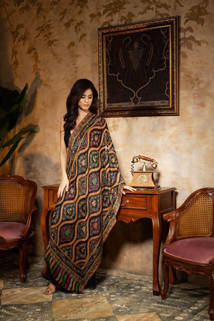 Pashtush India Womens Stoles and Scarves Scarf Pashtush Womens 100% Pure Wool With Woolmark Certificate Stole, Woven Design, Black