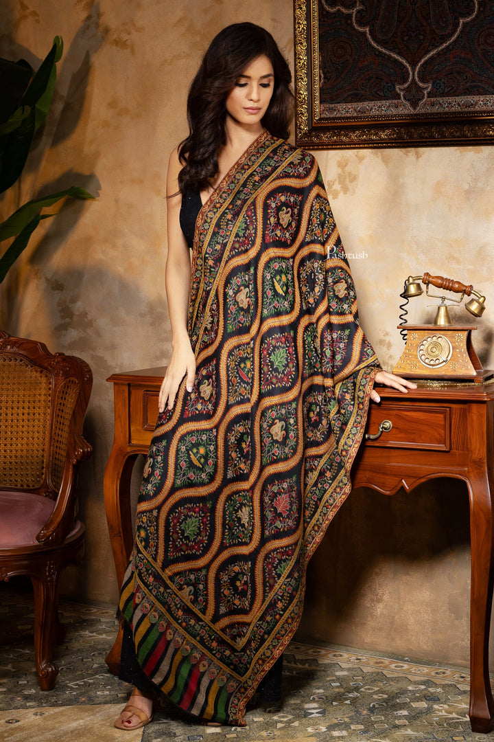 Pashtush India Womens Stoles and Scarves Scarf Pashtush Womens 100% Pure Wool With Woolmark Certificate Stole, Woven Design, Black