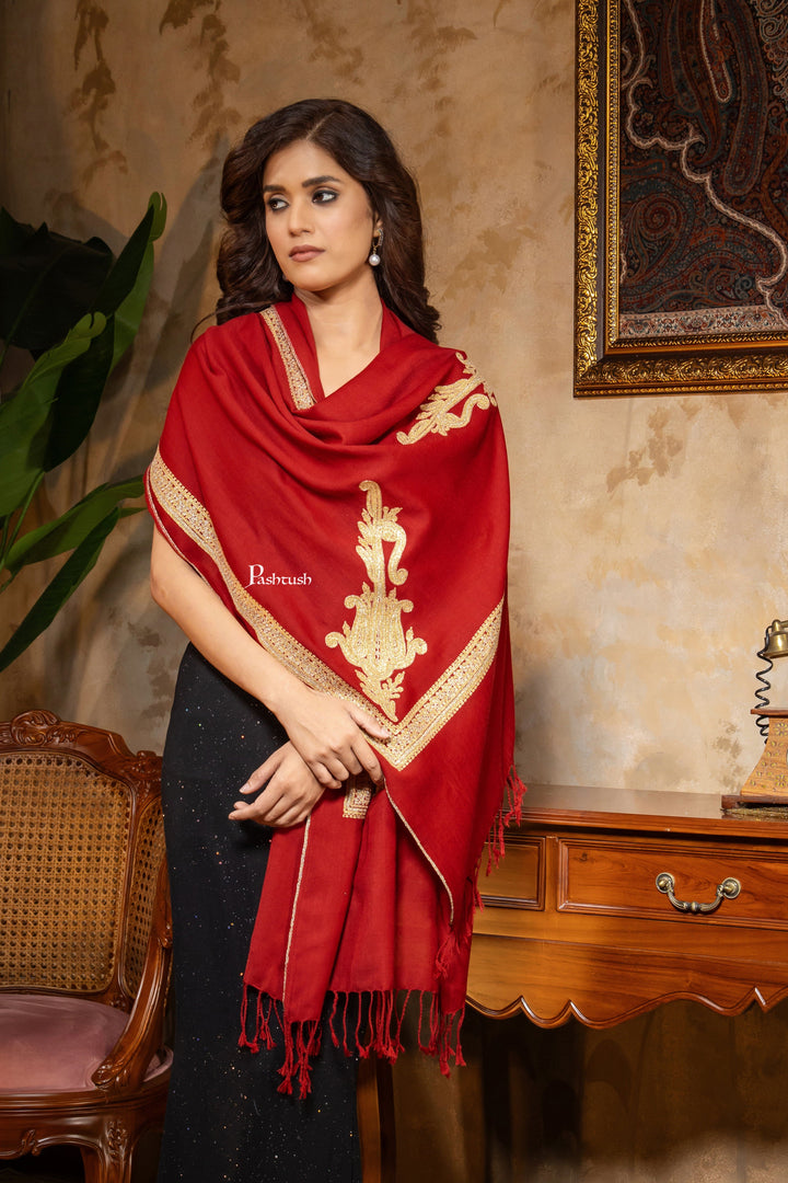 Pashtush India Womens Stoles and Scarves Scarf Pashtush Womens 100% Pure Wool With Woolmark Certificate Stole, Zari Border Kaani Design, Maroon