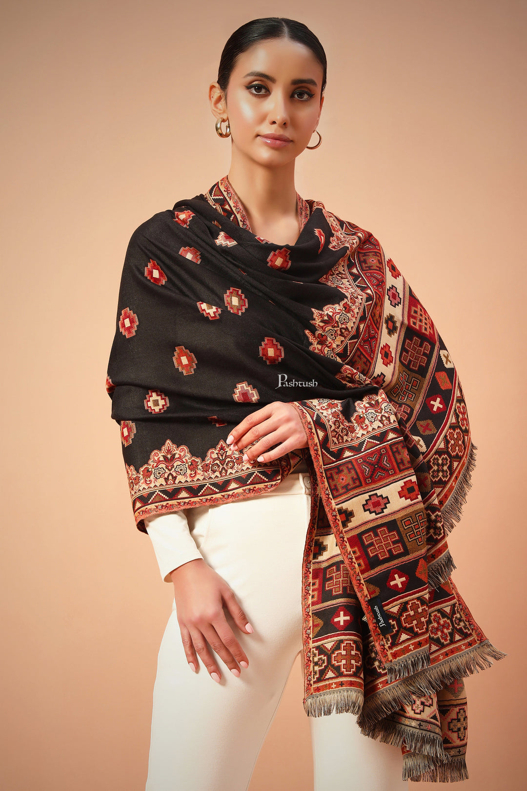 Pashtush India Womens Shawls Pashtush Womens Aztec Jamawar Shawl, Faux Pashmina Black