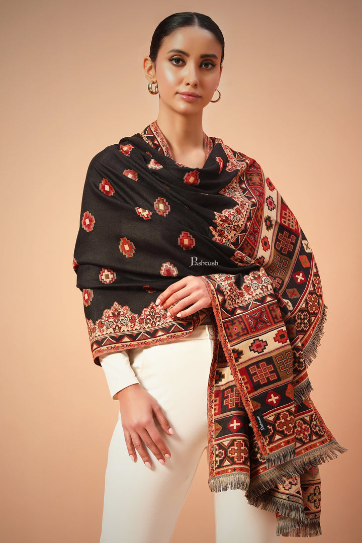 Pashtush India Womens Shawls Pashtush Womens Aztec Jamawar Shawl, Faux Pashmina Black