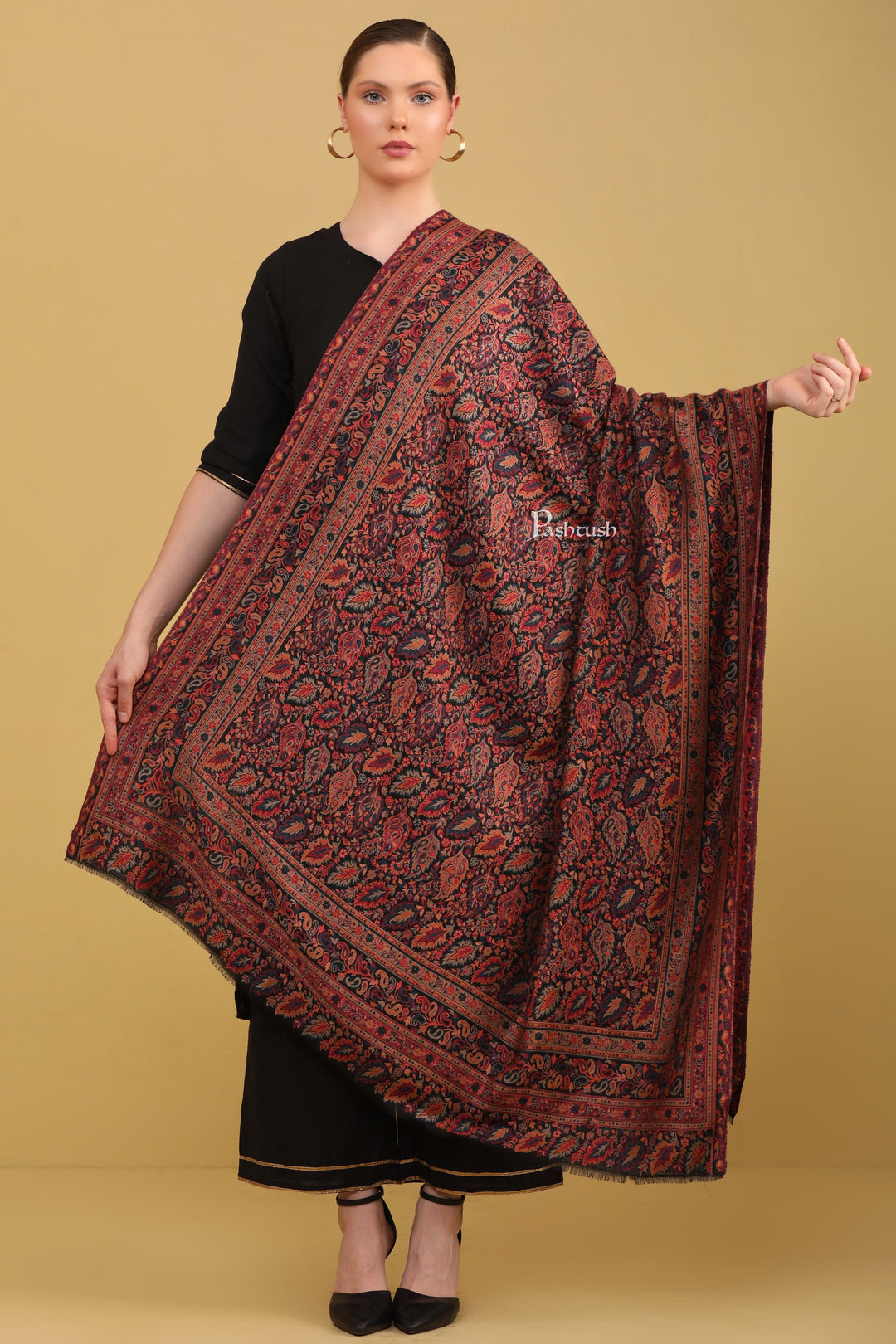 Pashtush India Womens Shawls Pashtush Womens Bamboo Shawl, Pasiley Weave Design, Black And Mustard