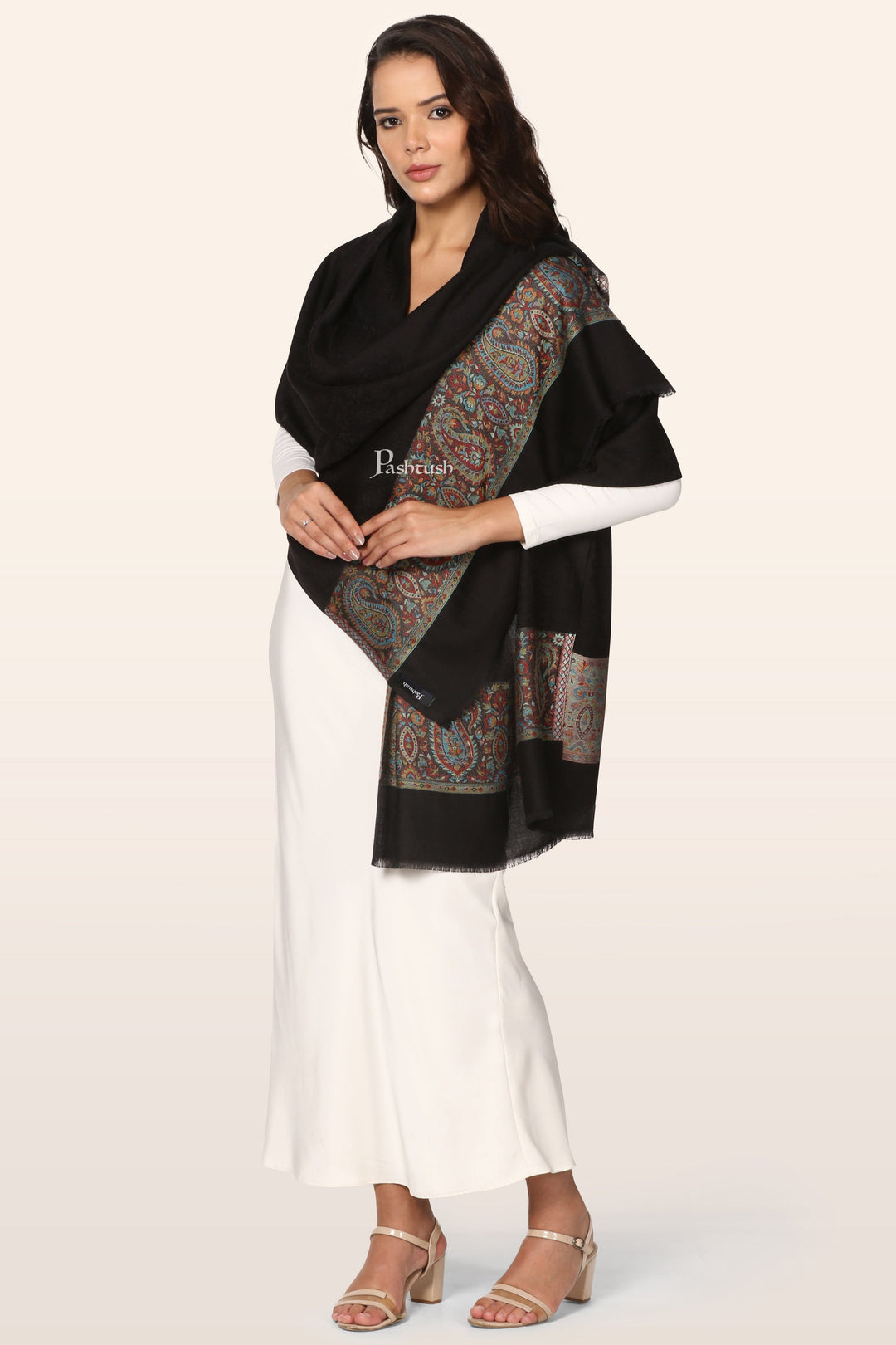 Pashtush India womens scarf and Stoles Pashtush Womens Bamboo Stole, Ambi Palla Design, Black