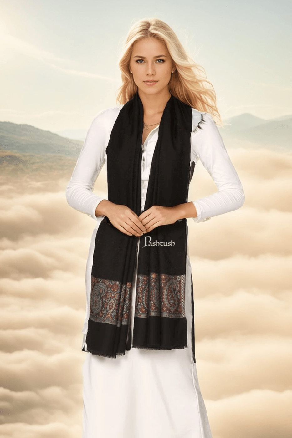 Pashtush India womens scarf and Stoles Pashtush Womens Bamboo Stole, Ambi Palla Design, Black