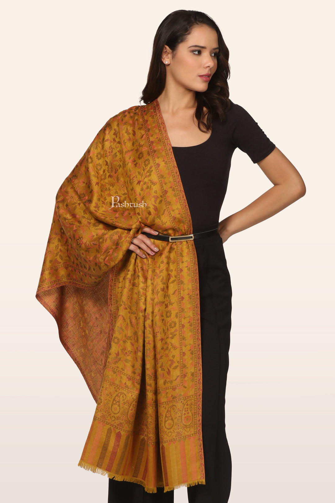 Pashtush India womens scarf and Stoles Pashtush Womens Bamboo Stole, Ethnic Weave Design, Mustard