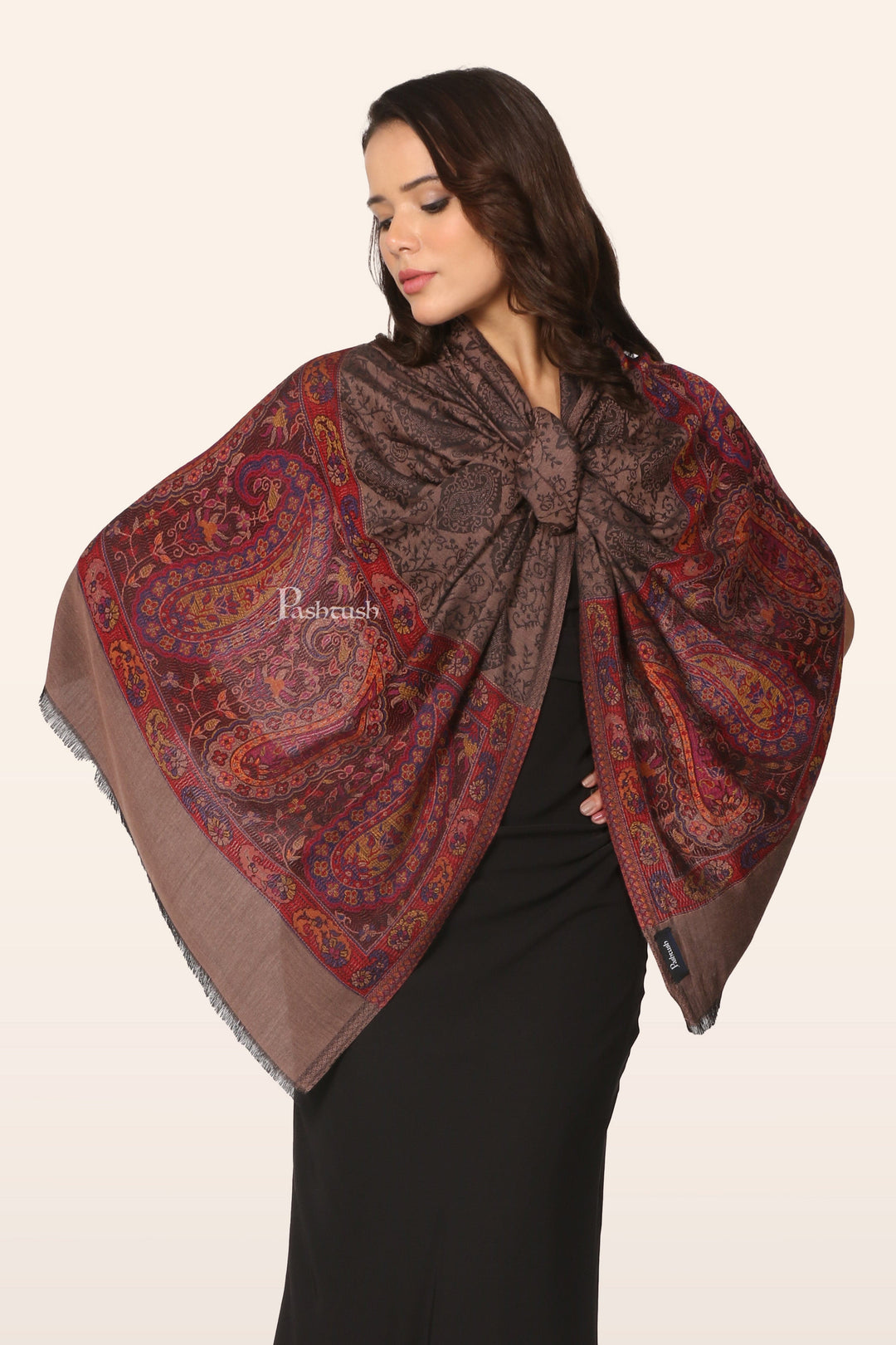 Pashtush India womens scarf and Stoles Pashtush Womens Bamboo Stole, Ethnic Weave Palla Design, Taupe