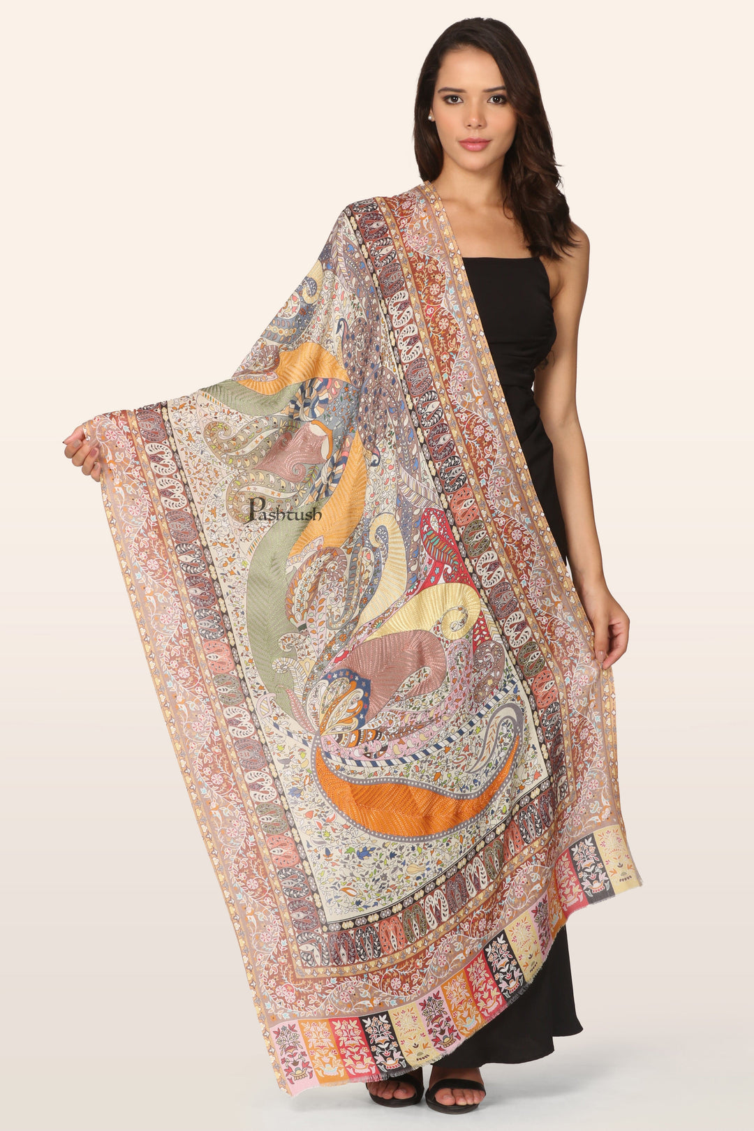 Pashtush India womens scarf and Stoles Pashtush Womens Bamboo Stole, Nalki Embroidery Pasiley Weave Design, Multicolour