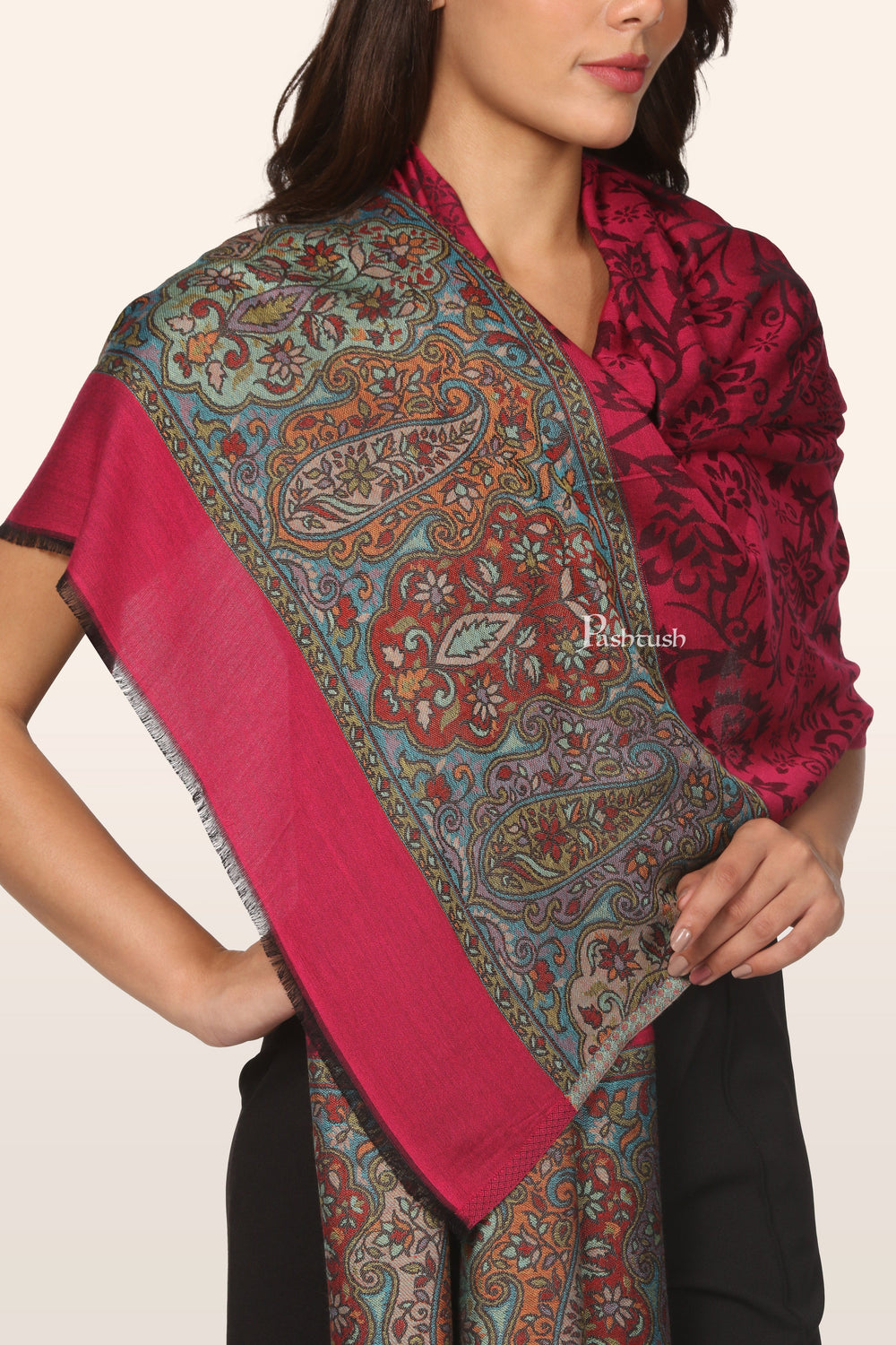 Pashtush India womens scarf and Stoles Pashtush Womens Bamboo Stole, Pailsey Palla Design, Majenta