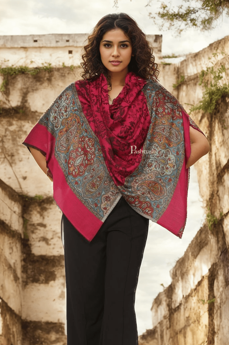 Pashtush India womens scarf and Stoles Pashtush Womens Bamboo Stole, Pailsey Palla Design, Majenta