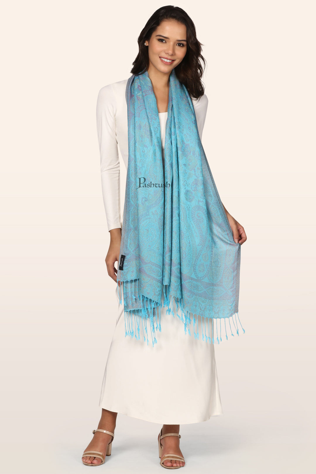 Pashtush India womens scarf and Stoles Pashtush Womens Bamboo Stole, Paisley Weave Design, Arabic Sea Blue