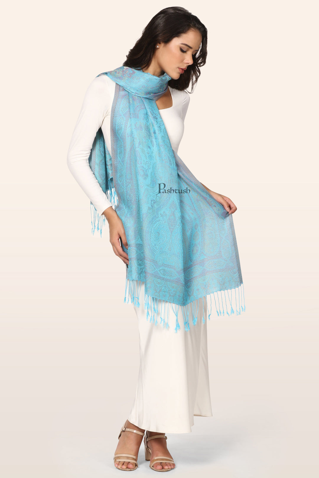 Pashtush India womens scarf and Stoles Pashtush Womens Bamboo Stole, Paisley Weave Design, Arabic Sea Blue