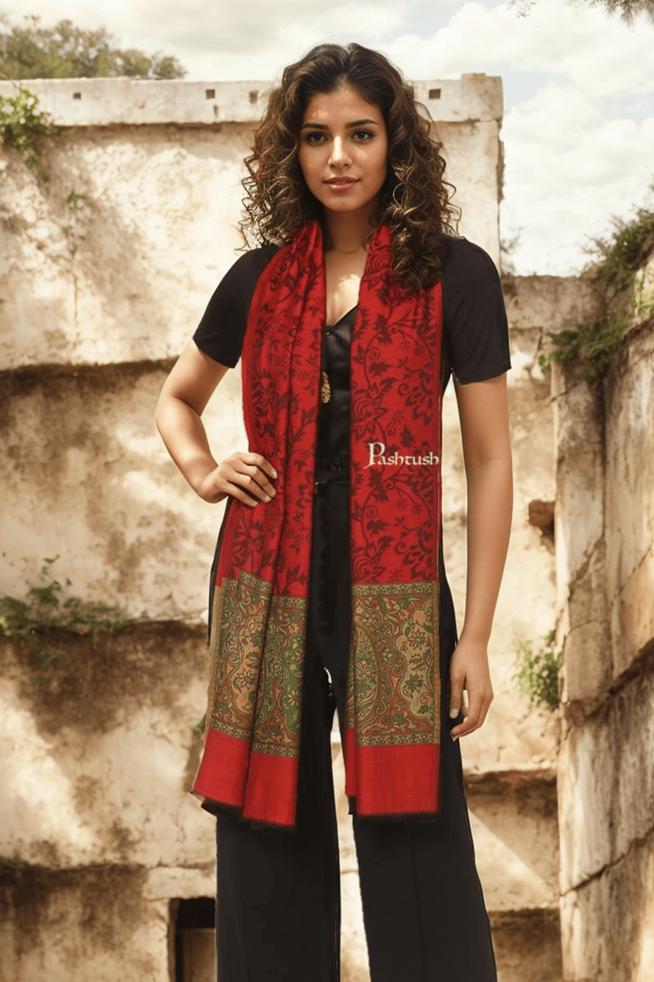 Pashtush India womens scarf and Stoles Pashtush Womens Bamboo Stole, Pasiley Palla Design, Red