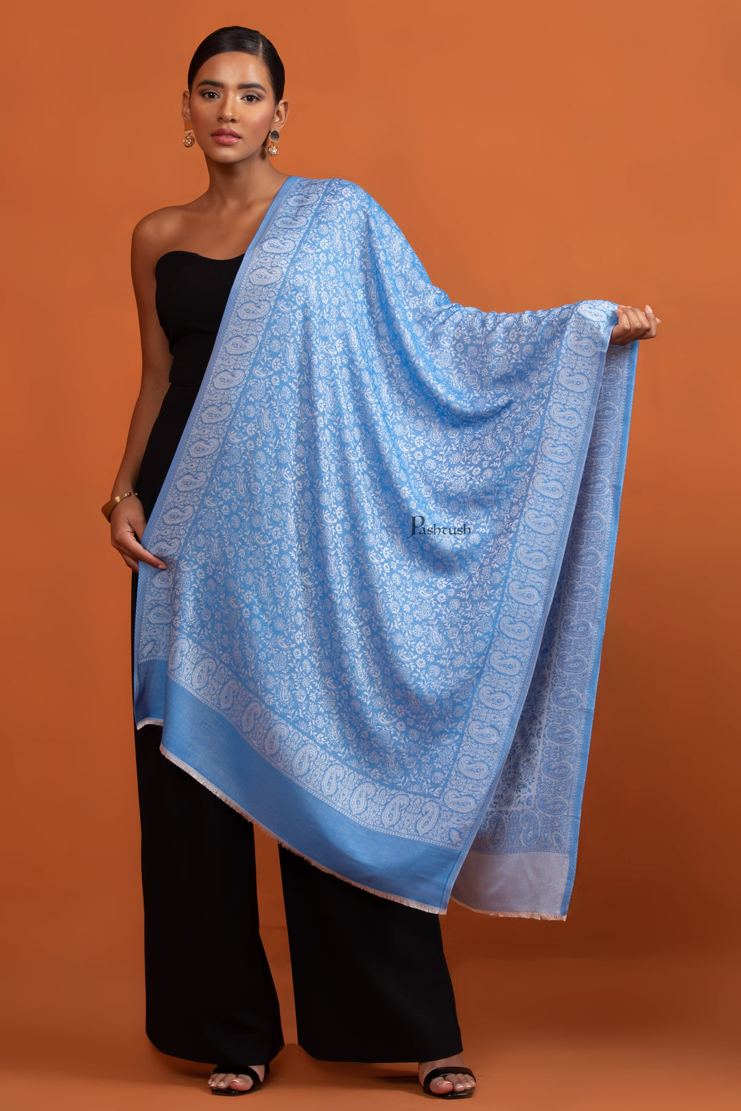 Pashtush India womens scarf and Stoles Pashtush Womens Bamboo Stole, Pasiley Weave Design, Arabic Sea Blue