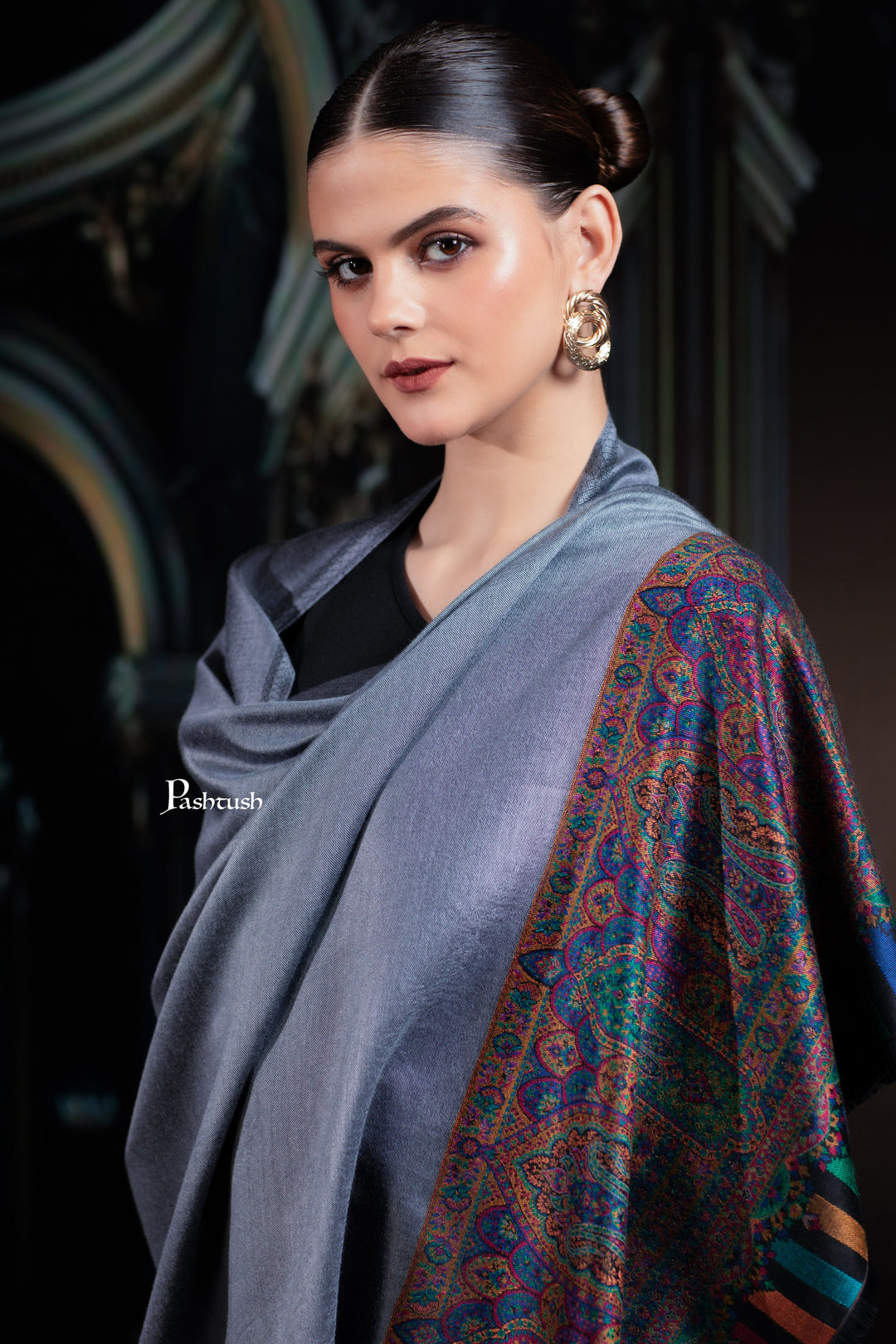 Pashtush India womens scarf and Stoles Pashtush Womens Bamboo Stole, Royal Darbar Palla Design, Slate