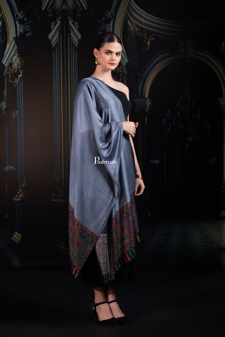 Pashtush India womens scarf and Stoles Pashtush Womens Bamboo Stole, Royal Darbar Palla Design, Slate