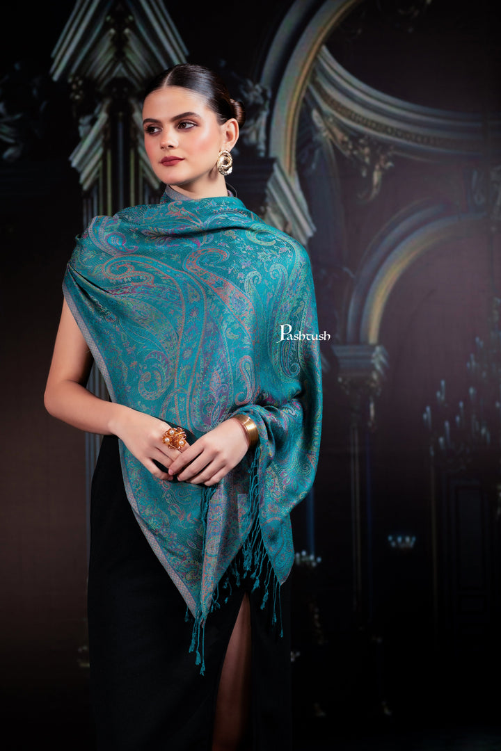 Pashtush India womens scarf and Stoles Pashtush Womens Bamboo Stole, Silky Soft, Woven Paisley Design, Arabic Sea Blue