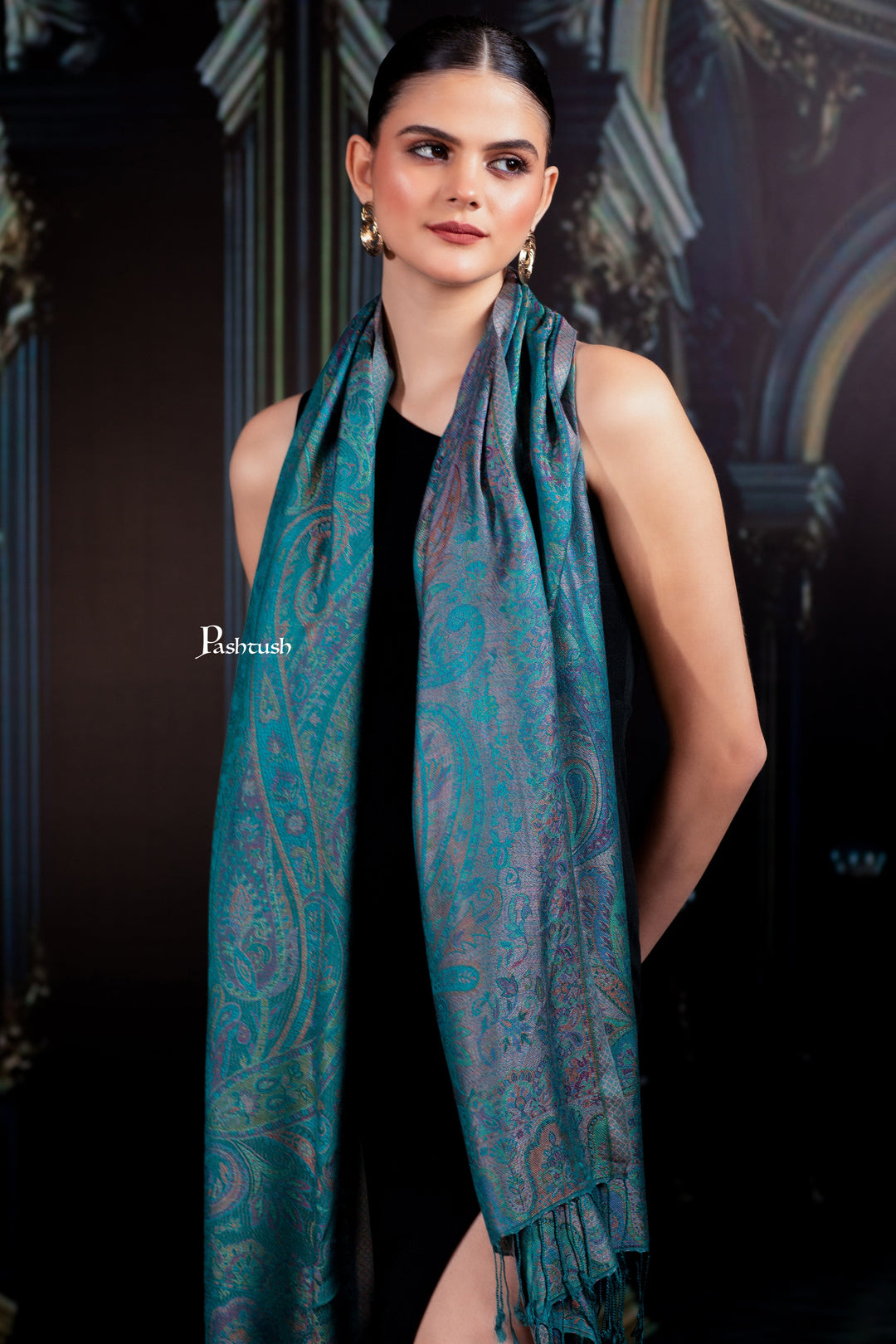 Pashtush India womens scarf and Stoles Pashtush Womens Bamboo Stole, Silky Soft, Woven Paisley Design, Arabic Sea Blue