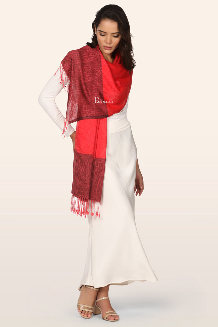 Pashtush India womens scarf and Stoles Pashtush Womens Bamboo Stole, Woven Design, Ambi Palla, Crimson