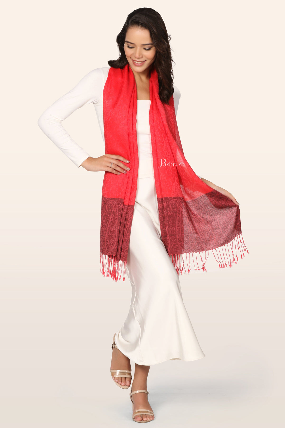 Pashtush India womens scarf and Stoles Pashtush Womens Bamboo Stole, Woven Design, Ambi Palla, Crimson