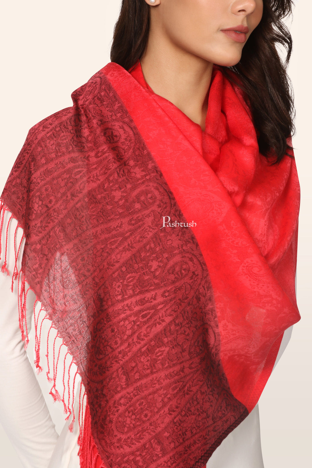 Pashtush India womens scarf and Stoles Pashtush Womens Bamboo Stole, Woven Design, Ambi Palla, Crimson