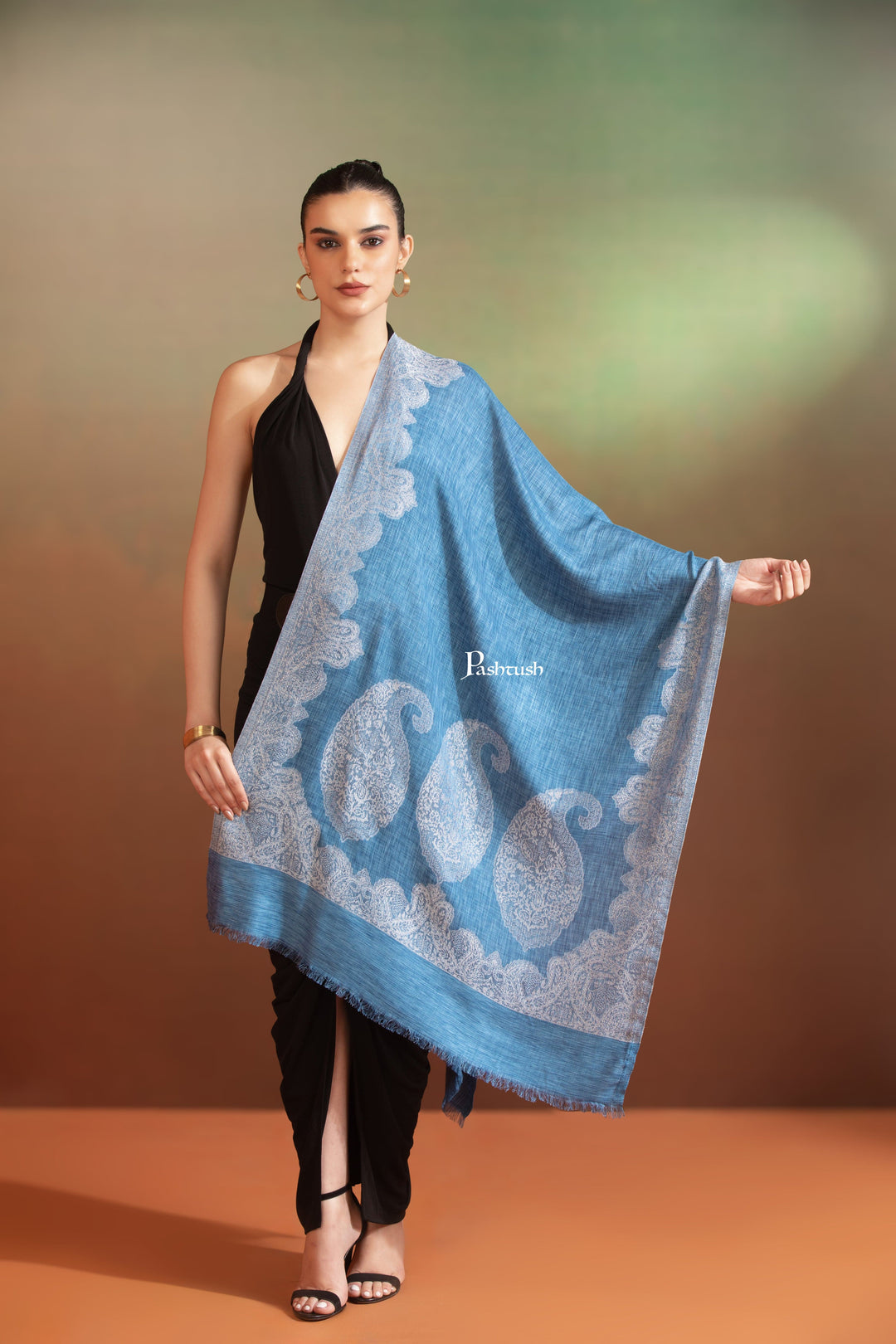 Pashtush India Womens Stoles and Scarves Scarf Pashtush Womens Bamboo Stole, Woven Paisley Design, Aqua Blue