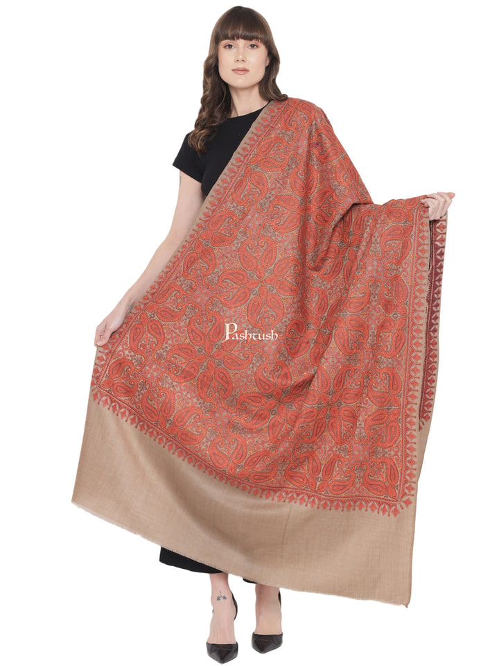 Pashtush India Womens Shawls Pashtush Womens Embroidery Jaal Jamawar Shawl, Intricate Heritage Collection, Taupe