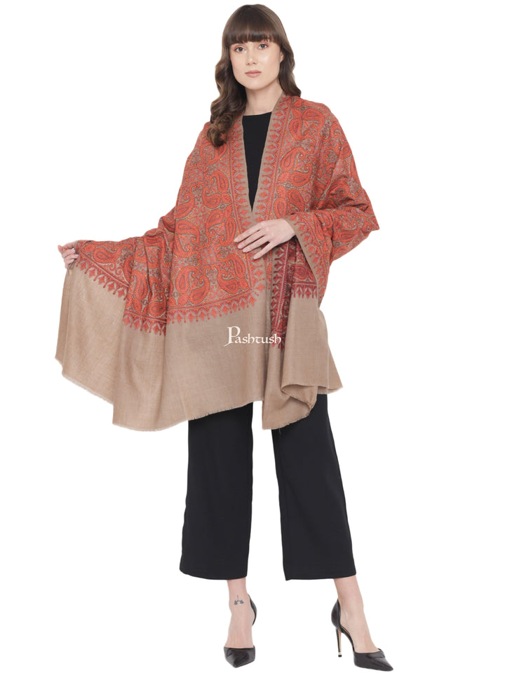 Pashtush India Womens Shawls Pashtush Womens Embroidery Jaal Jamawar Shawl, Intricate Heritage Collection, Taupe