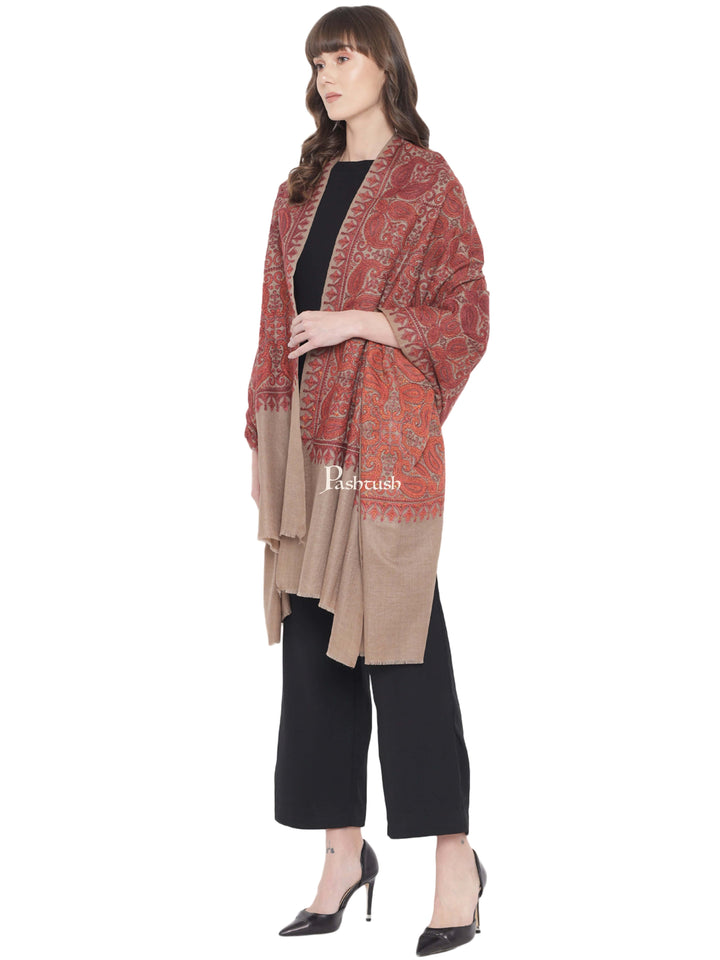 Pashtush India Womens Shawls Pashtush Womens Embroidery Jaal Jamawar Shawl, Intricate Heritage Collection, Taupe