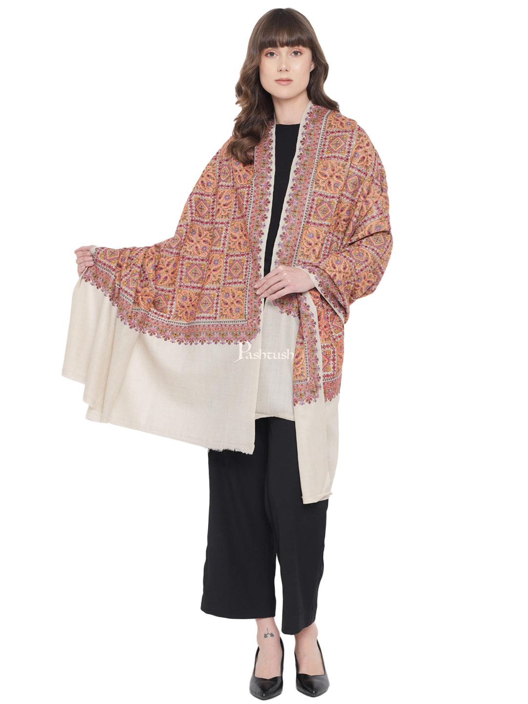 Pashtush India Womens Shawls Pashtush Womens Embroidery Shawl, Fine Wool, Intricate Needlework, Beige