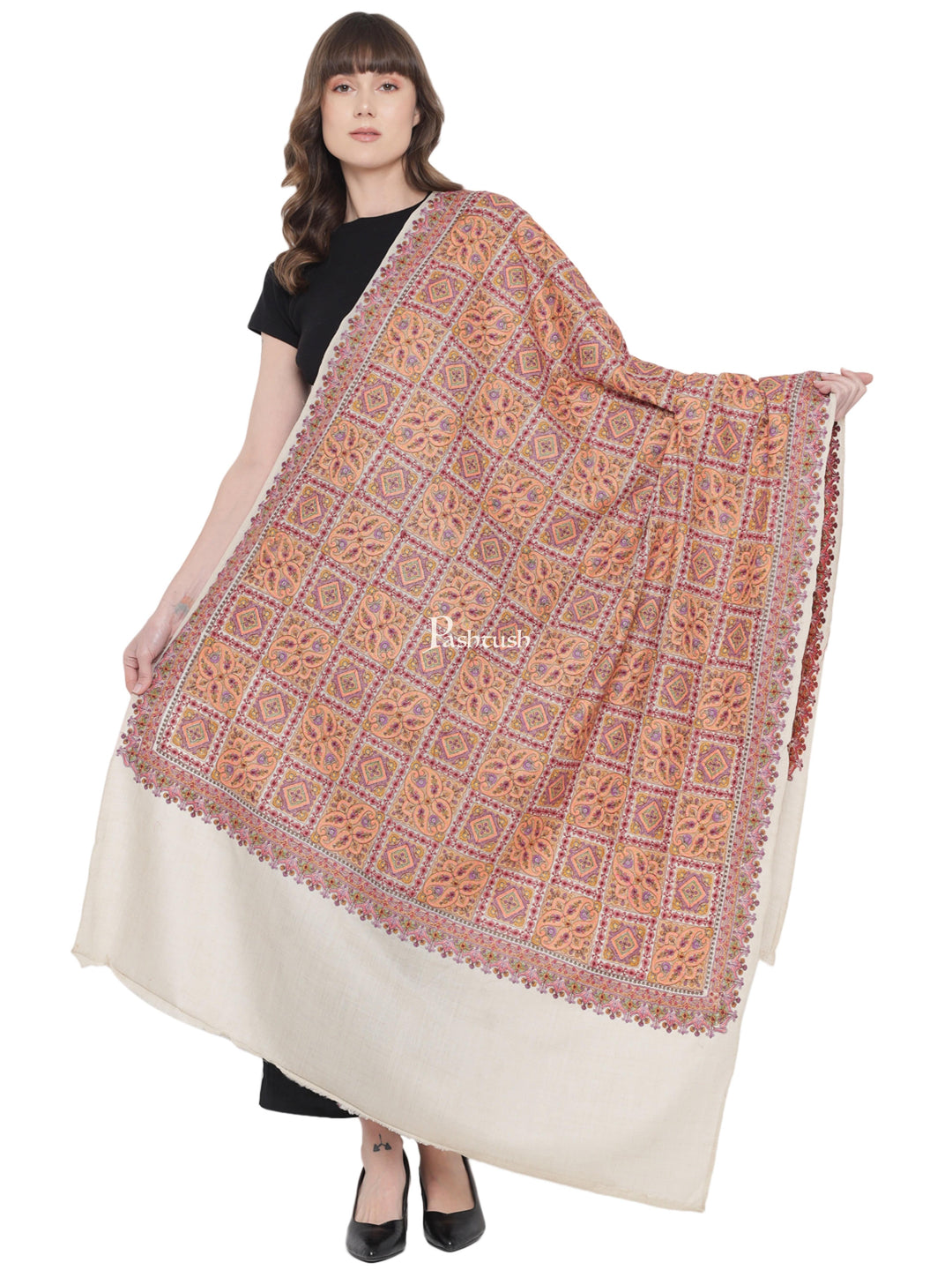 Pashtush India Womens Shawls Pashtush Womens Embroidery Shawl, Fine Wool, Intricate Needlework, Beige