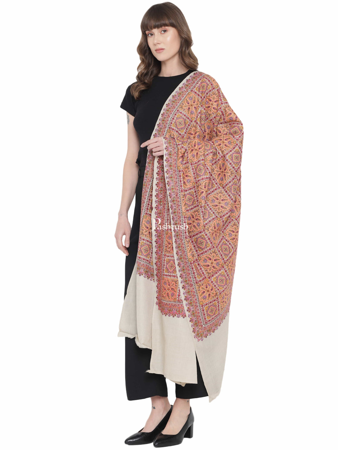 Pashtush India Womens Shawls Pashtush Womens Embroidery Shawl, Fine Wool, Intricate Needlework, Beige