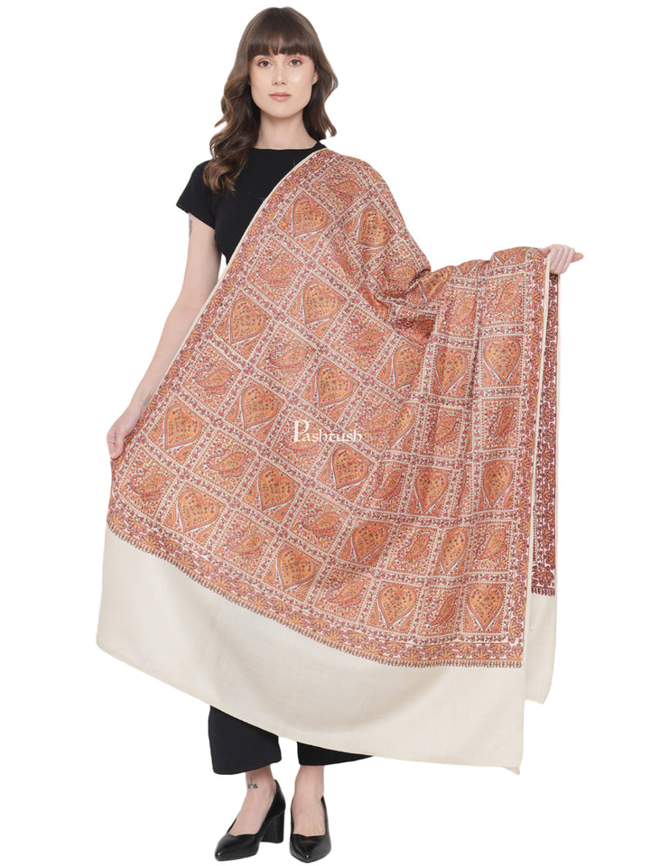 Pashtush India Womens Shawls Pashtush Womens Embroidery Shawl, Fine Wool, Intricate Needlework Jaal Beige