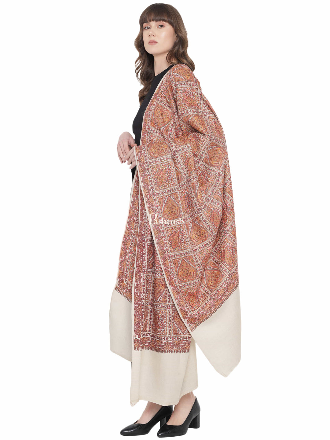 Pashtush India Womens Shawls Pashtush Womens Embroidery Shawl, Fine Wool, Intricate Needlework Jaal Beige