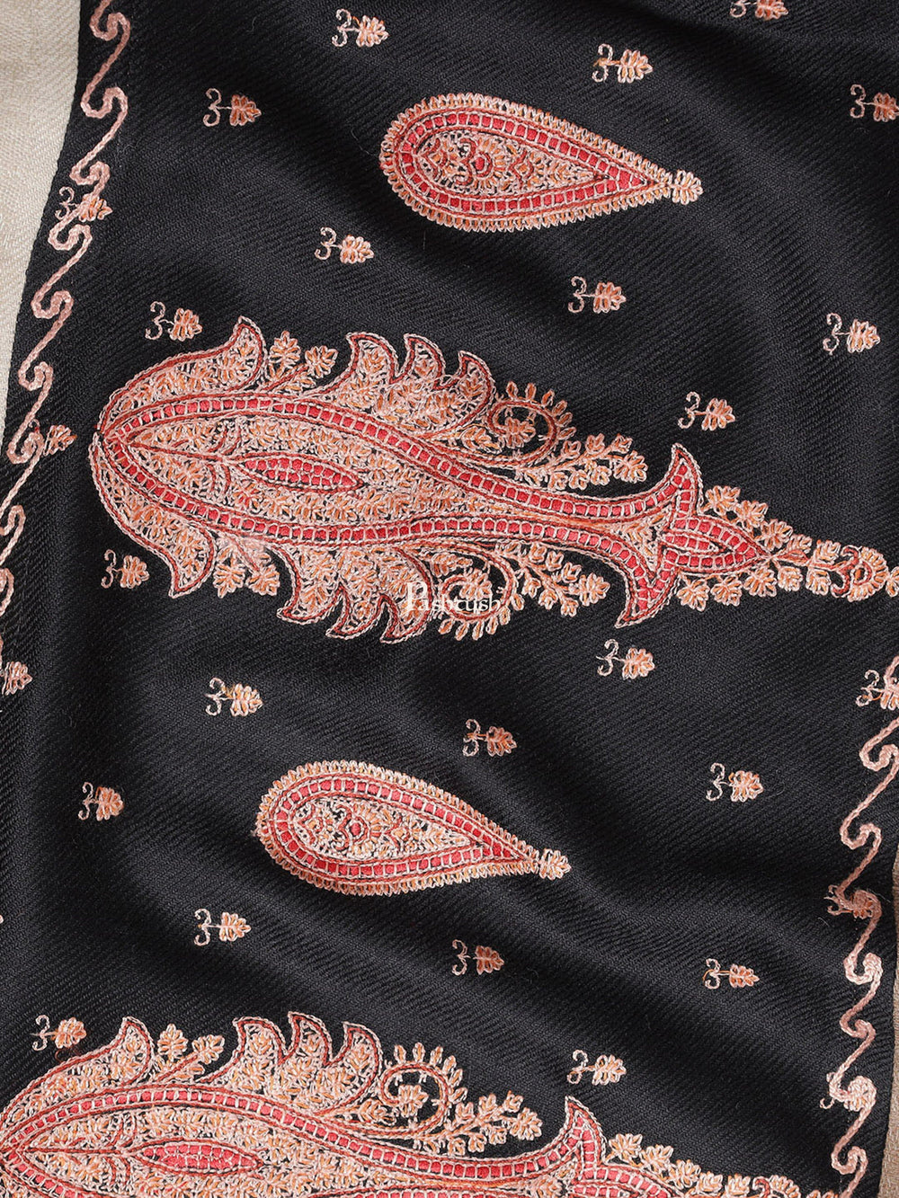 Pashtush India Womens Shawls Pashtush Womens Embroidery Shawl, Fine Wool, Paiseley Stitched Palla, Beige and Black