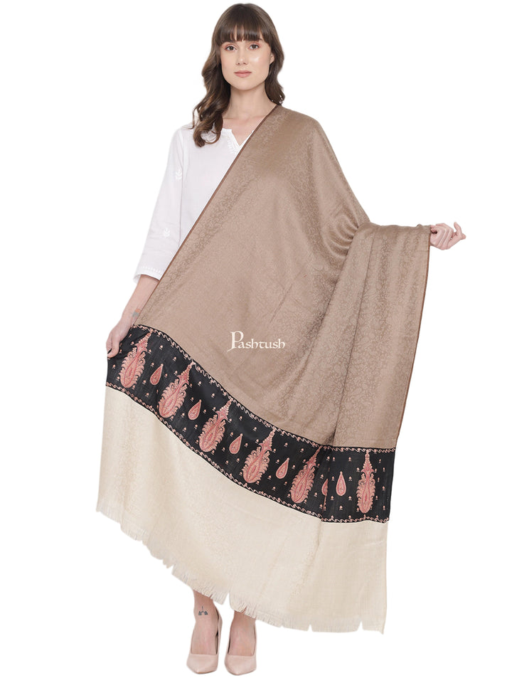 Pashtush India Womens Shawls Pashtush Womens Embroidery Shawl, Fine Wool, Paiseley Stitched Palla, Beige and Black