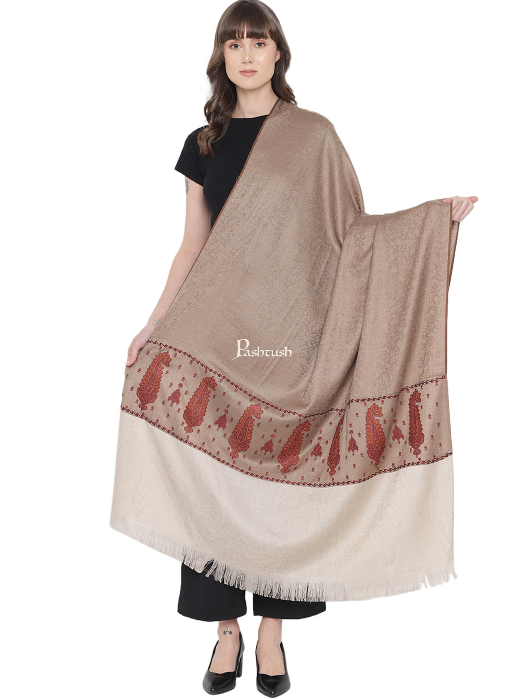 Pashtush India Womens Shawls Pashtush Womens Embroidery Shawl, Fine Wool, Paiseley Stitched Palla, Taupe