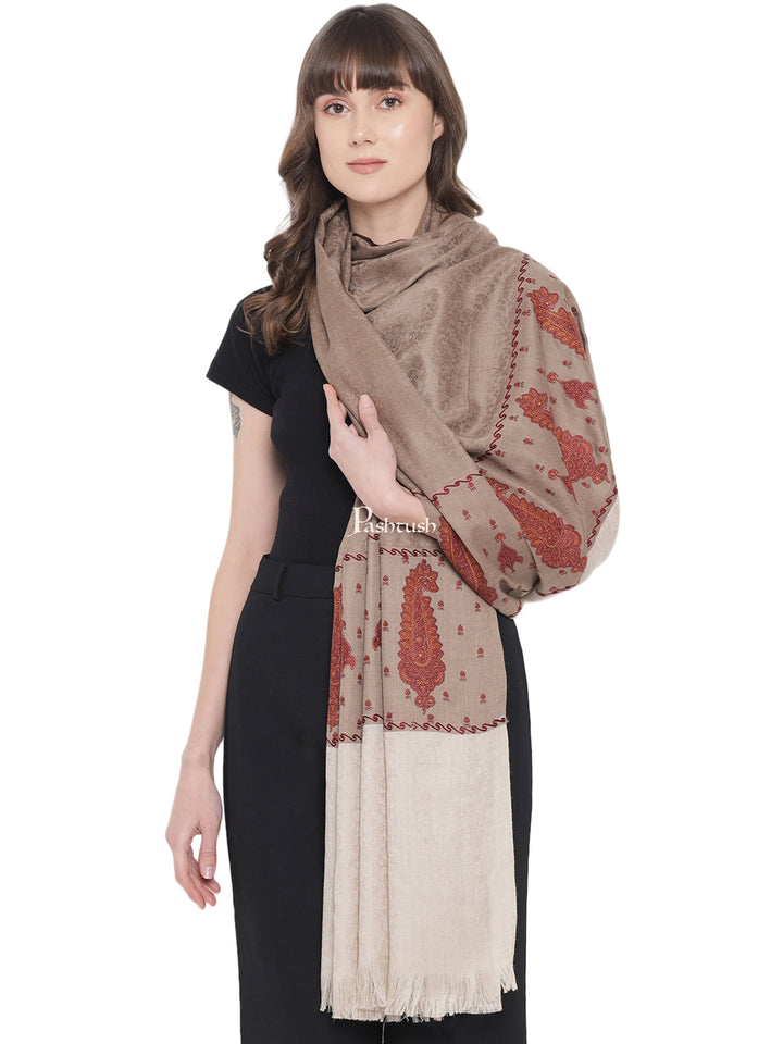 Pashtush India Womens Shawls Pashtush Womens Embroidery Shawl, Fine Wool, Paiseley Stitched Palla, Taupe