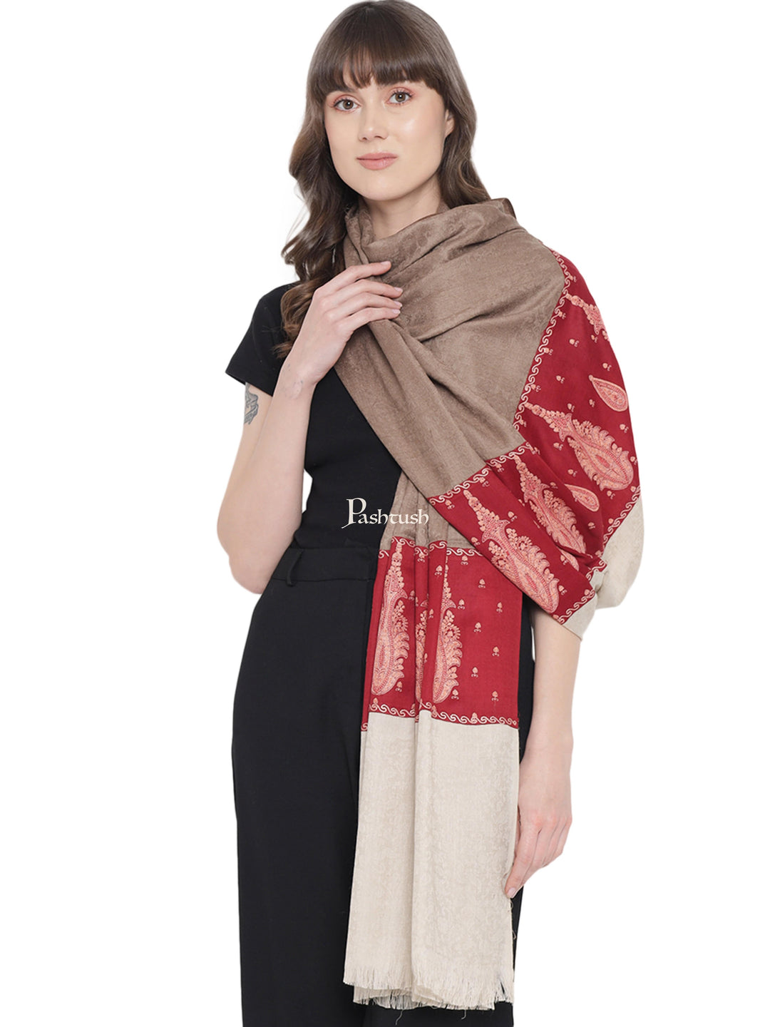 Pashtush India Womens Shawls Pashtush Womens Embroidery Shawl, Fine Wool Self Stitched Palla, Beige and Maroon