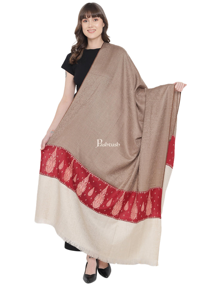 Pashtush India Womens Shawls Pashtush Womens Embroidery Shawl, Fine Wool Self Stitched Palla, Beige and Maroon