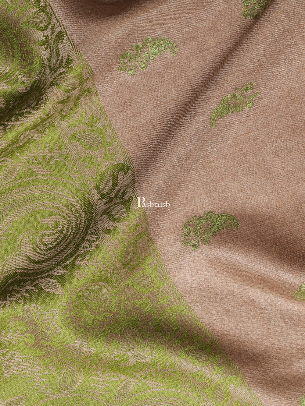 Pashtush India Womens Shawls Pashtush Womens Embroidery Shawl, Jaal Design, Fine Wool, Beige and Emerald Green