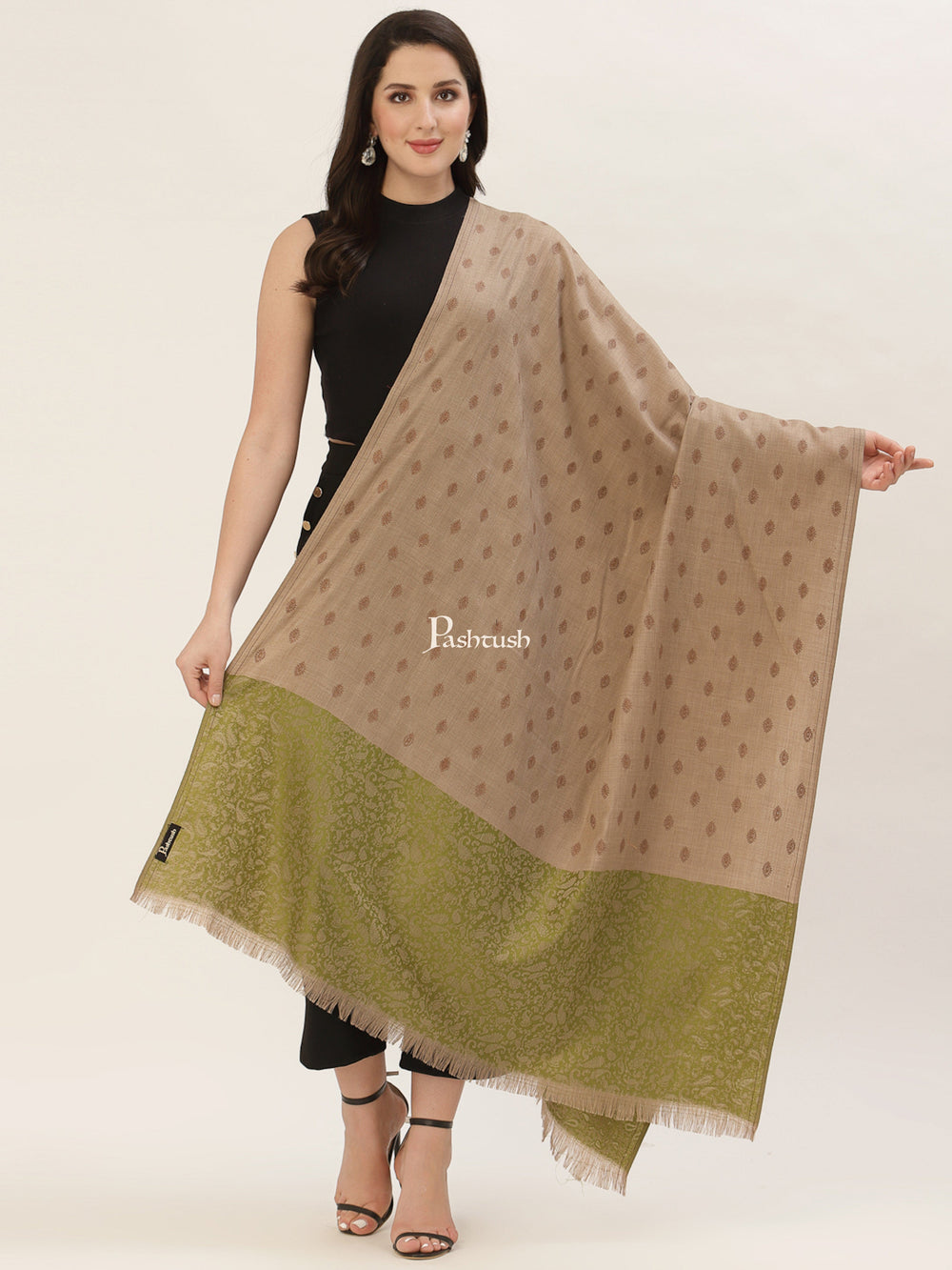 Pashtush India Womens Shawls Pashtush Womens Embroidery Shawl, Jacquard Palla, Fine Wool, Beige and Green