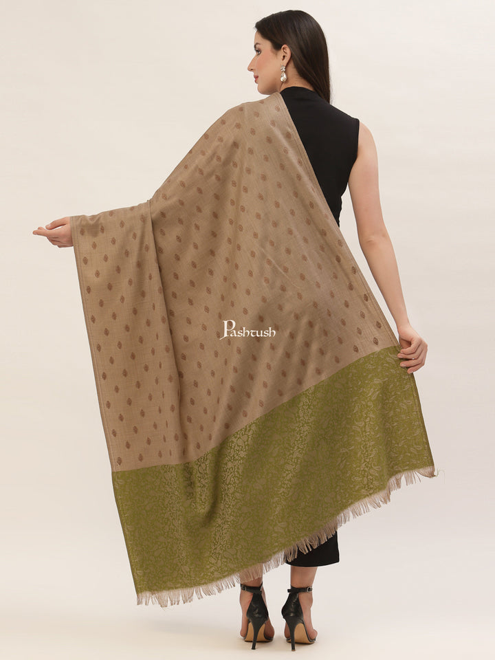 Pashtush India Womens Shawls Pashtush Womens Embroidery Shawl, Jacquard Palla, Fine Wool, Beige and Green