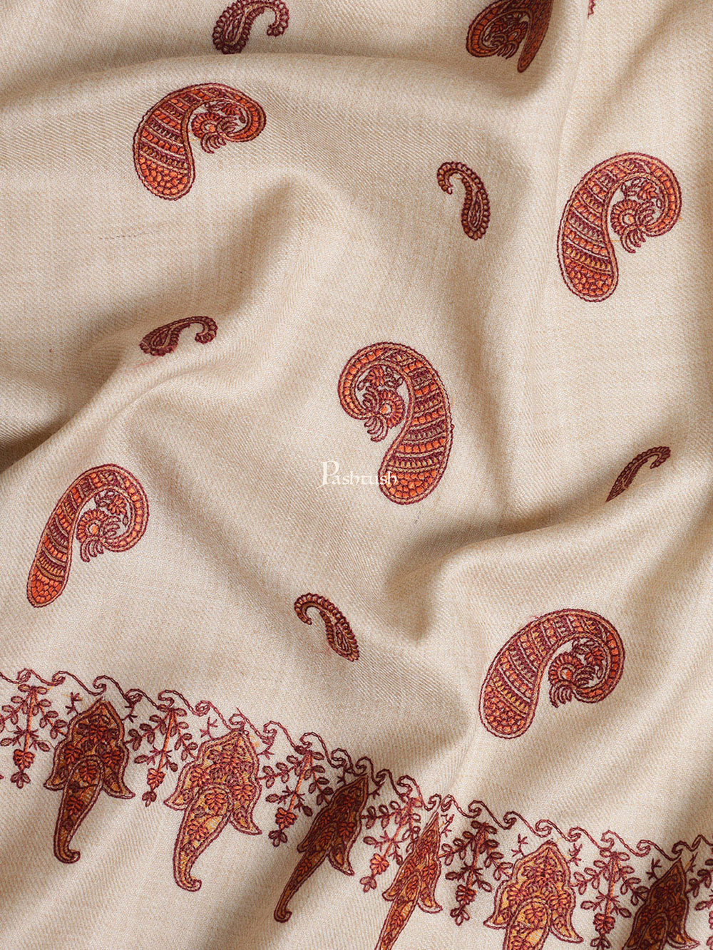 Pashtush India Womens Shawls Pashtush Womens Embroidery Shawl, Khakikar, Booti Jaal, Fine Wool, Beige